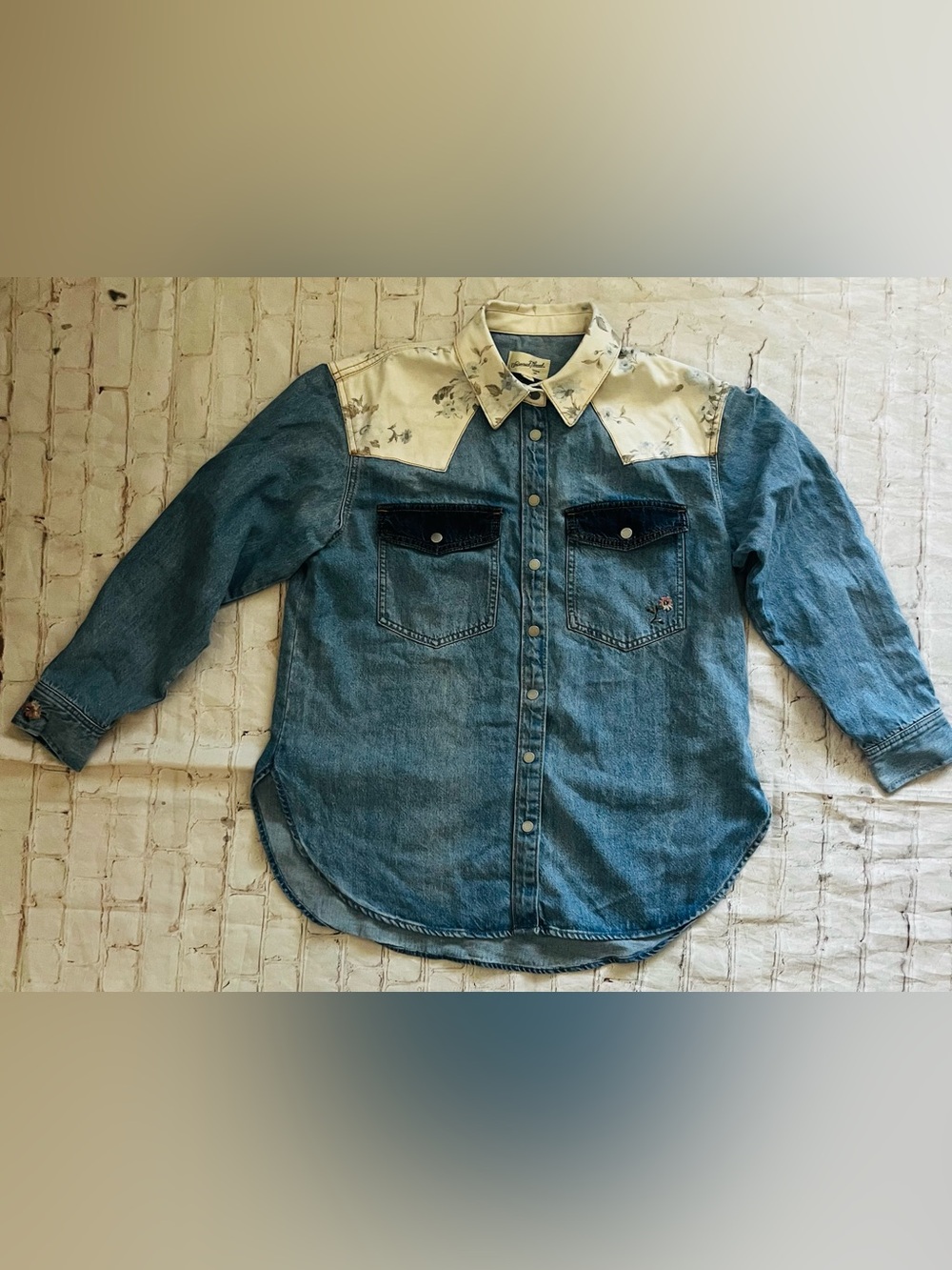 Denim Western Shirt Jacket with Floral Yoke - Light Blue - Picture 4 of 11
